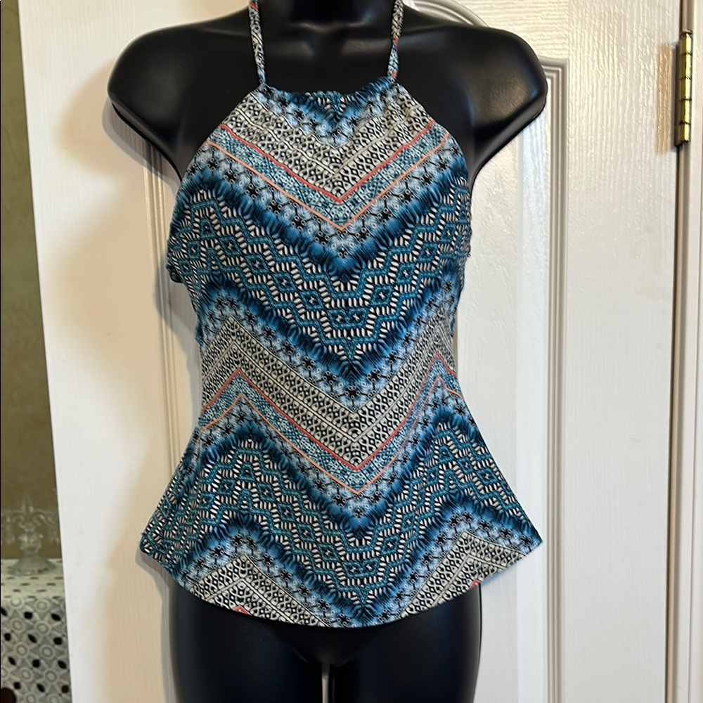 Lucky Brand Blue and Gray Peplum Halter Tank swim top